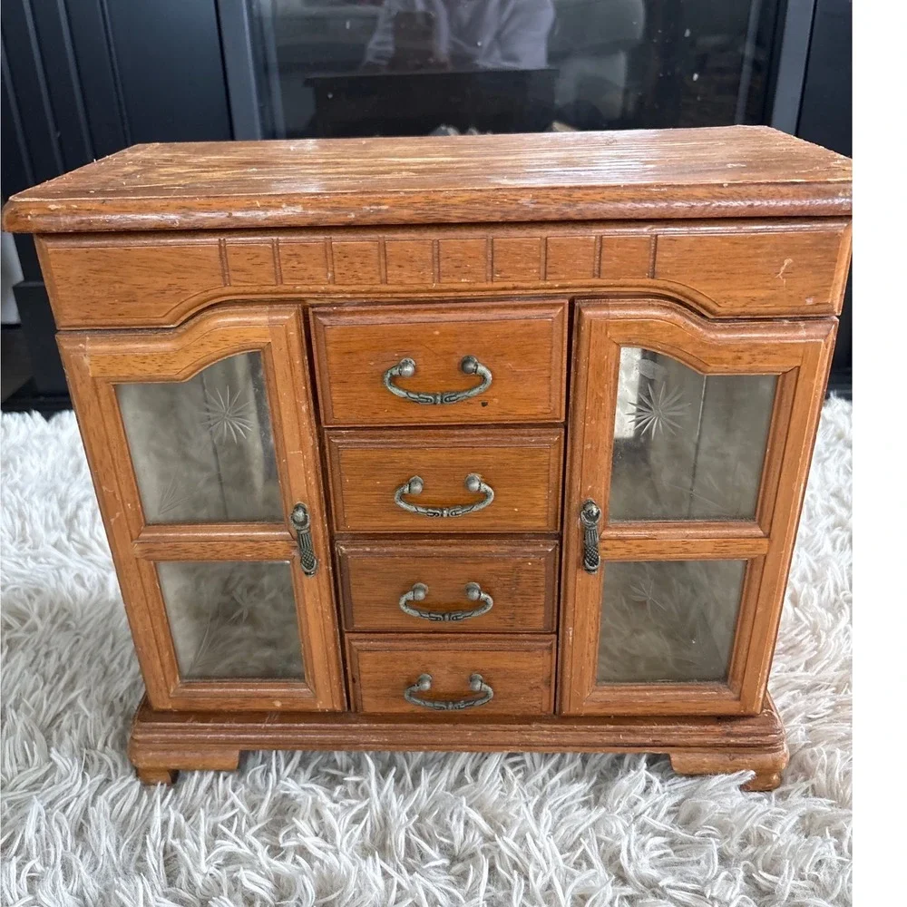 Vintage Wooden Jewelry Box Armoire Etched Glass Doors 4 Drawers Mirror Chest‎